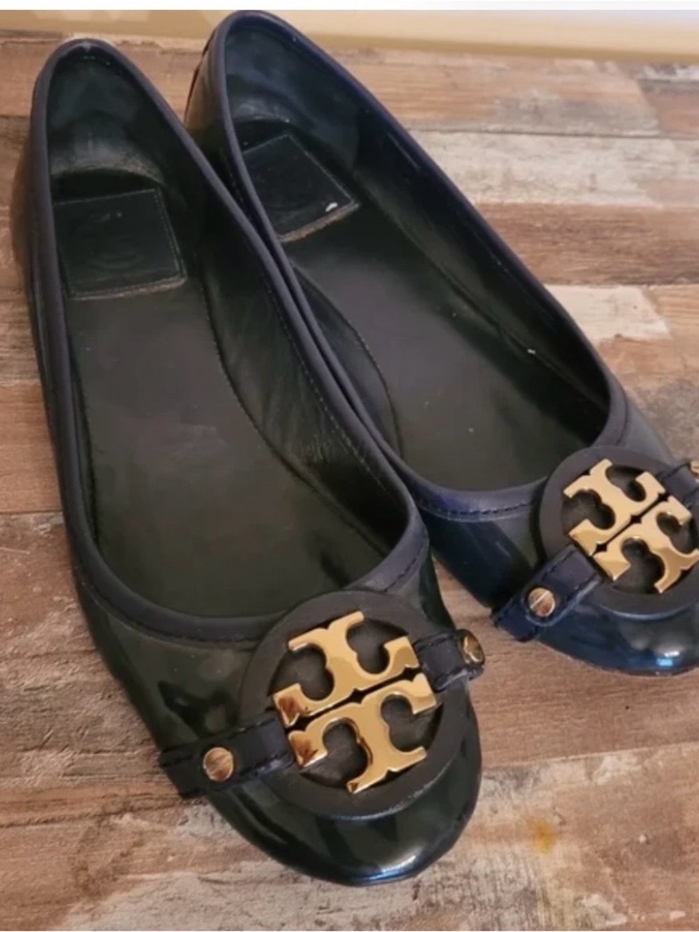 Tory Burch Navy Patent Logo Ballet Flats with Gold Emblem